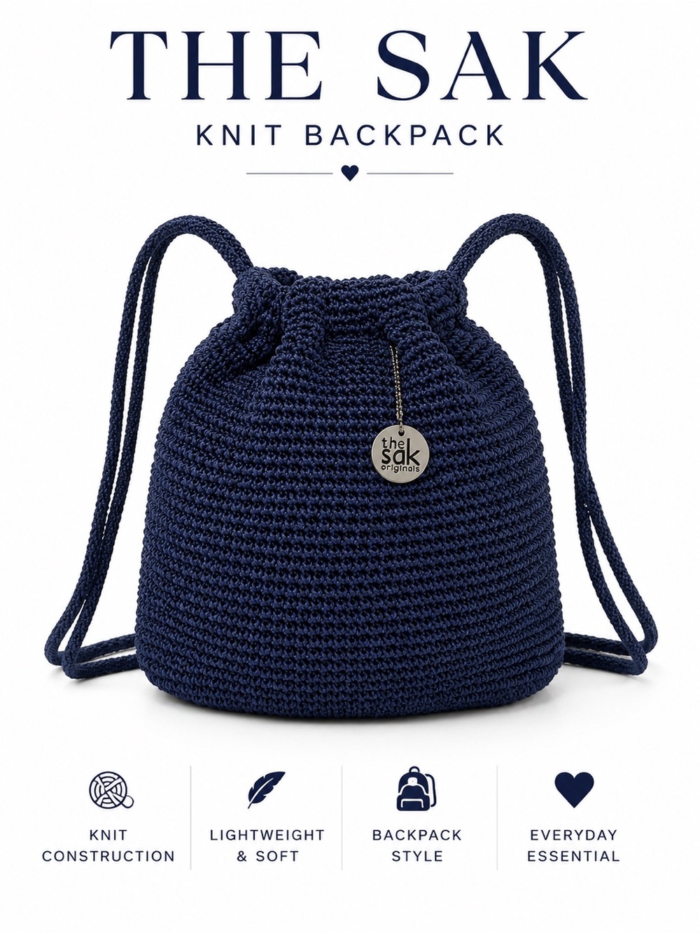 The Sak Knit Pouch or Crocheted Navy Blue Backpack snap closure